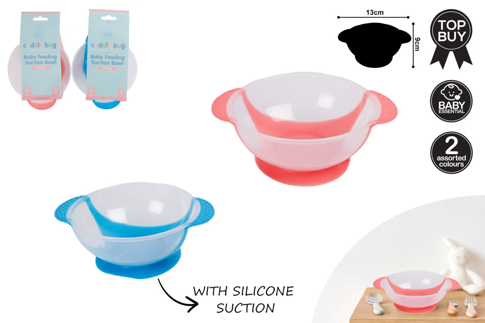 BABY FEEDING SUCTION BOWL 2 ASST COLOURS 13X9CM