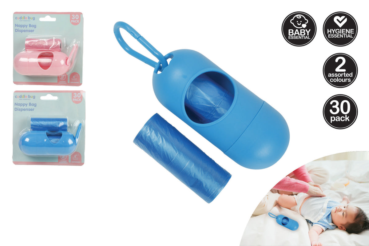 NAPPY BAG DISPENSER W30PK DISP BAGS 2ASST BLUE PINK 31X21CM