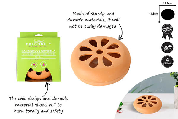 TERRACOTTA INCENSE COIL BURNER W 4 PCE COILS IN BOX 14CM
