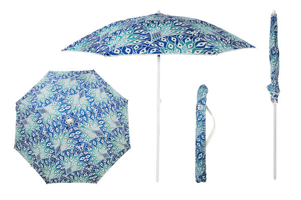 BEACH UMBRELLA W MATCHNG CARRY BAG PEACOCK PARADISE 180X180CM