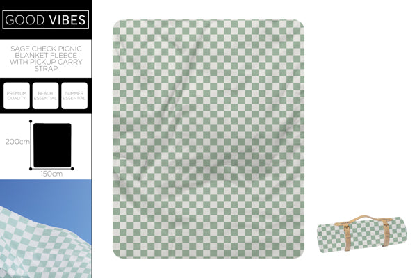 *** SAGE CHECK PICNIC BLANKET FLEECE PU CARRY STRAP200X150CM