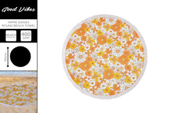 *** ROUND BEACH TOWEL W TASSELS HIPPIE DAISIES 150CM 400GSM