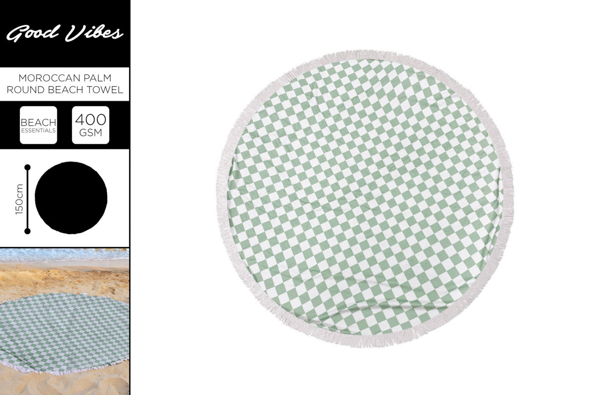 *** ROUND BEACH TOWEL WITH TASSELS SAGE CHECK 150CM 400GSM
