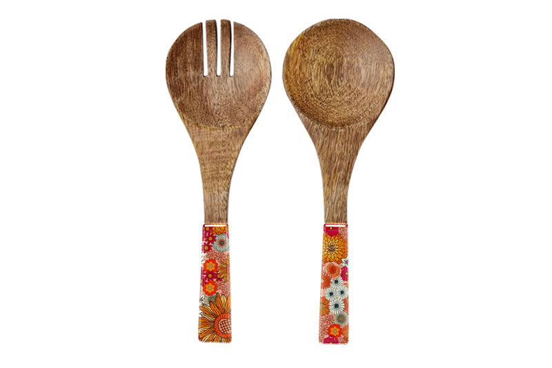 2PC SALAD SERVERS WOOD ENAMEL DETAIL RETRO SUMMER 24.5CM