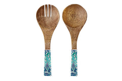 2PC SALAD SERVERS WOOD ENAMEL DETAIL PEACOCK PARADISE 24.5CM