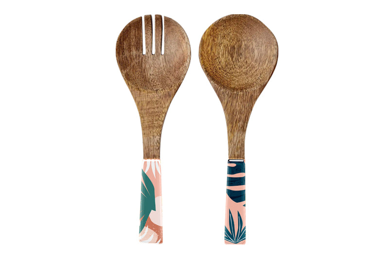 2PC SALAD SERVERS WOOD ENAMEL DETAIL BLUSH PALM 24.5CM