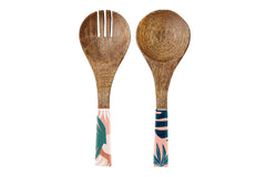 2PC SALAD SERVERS WOOD ENAMEL DETAIL BLUSH PALM 24.5CM