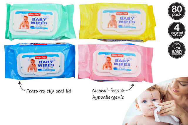BABY WIPES 80PK WITH CLIP SEAL LID 4 ASST CLR AC BA3009