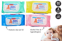 BABY WIPES 80PK WITH CLIP SEAL LID 4 ASST CLR AC BA3009