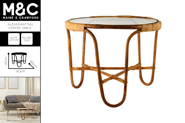 *** ALEXAS RATTAN COFFEE TABLE WITH GLASS TOP 60X60X47CM