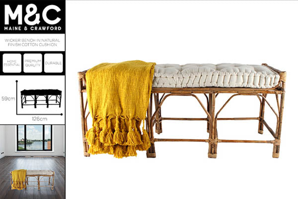 WICKER BENCH IN NATURAL FINISH COTTON CUSHION 126X59X49CM