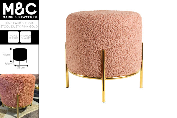 JUNE FAUX SHERPA STOOL DUSTY PINK GOLD  41 X 38 X 38CM