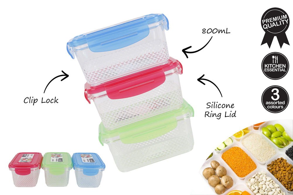 RECTANGLE CONTAINER CLIP LOCK SILICONE RING LID DIMPLE 800ML