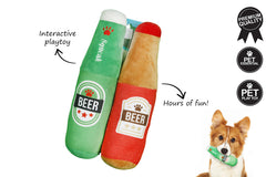 BEER BOTTLE 2PCE SET WITH SQUEAKER PLUSH DOG TOY 24CM