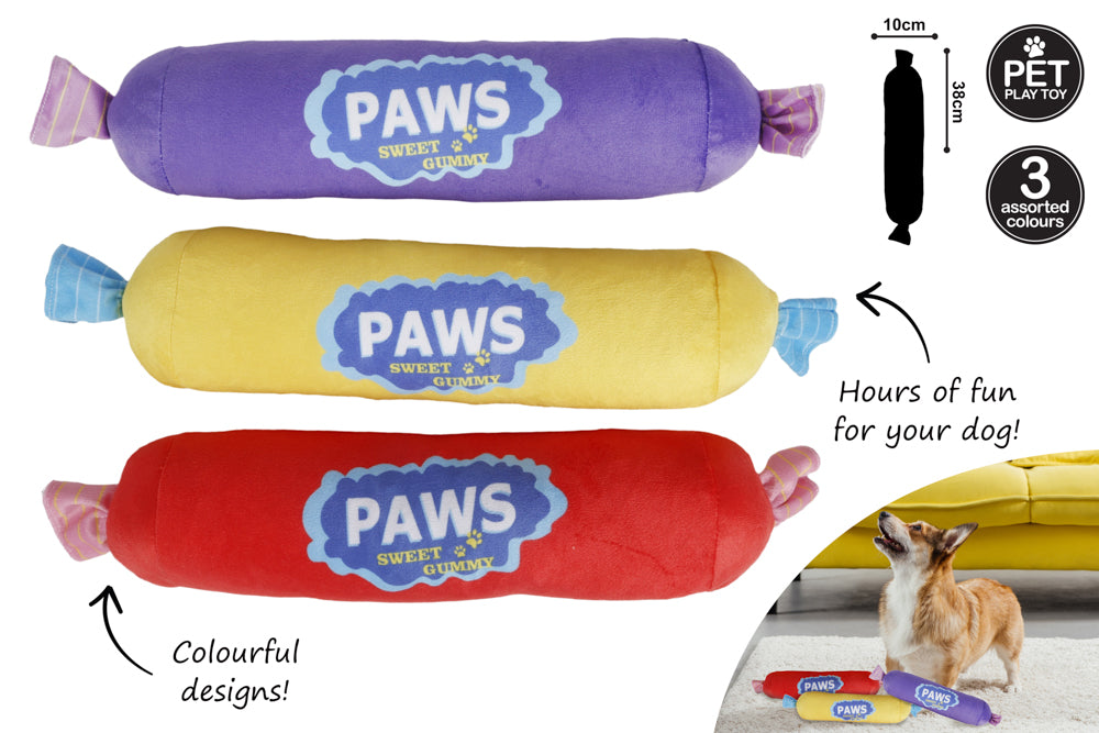 CANDY WITH WRAPPER PLUSH DOG TOY 10X38CM 3 ASST CLRS