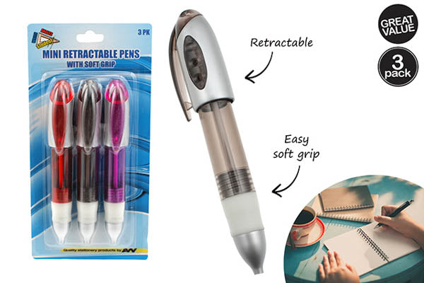 PENS MINI RETRACTABLE W/SOFT GRIP 3PACK