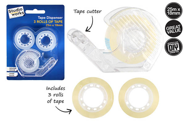 TAPE DISPENSER WITH 3 ROLLS OF TAPE 25MX18MM