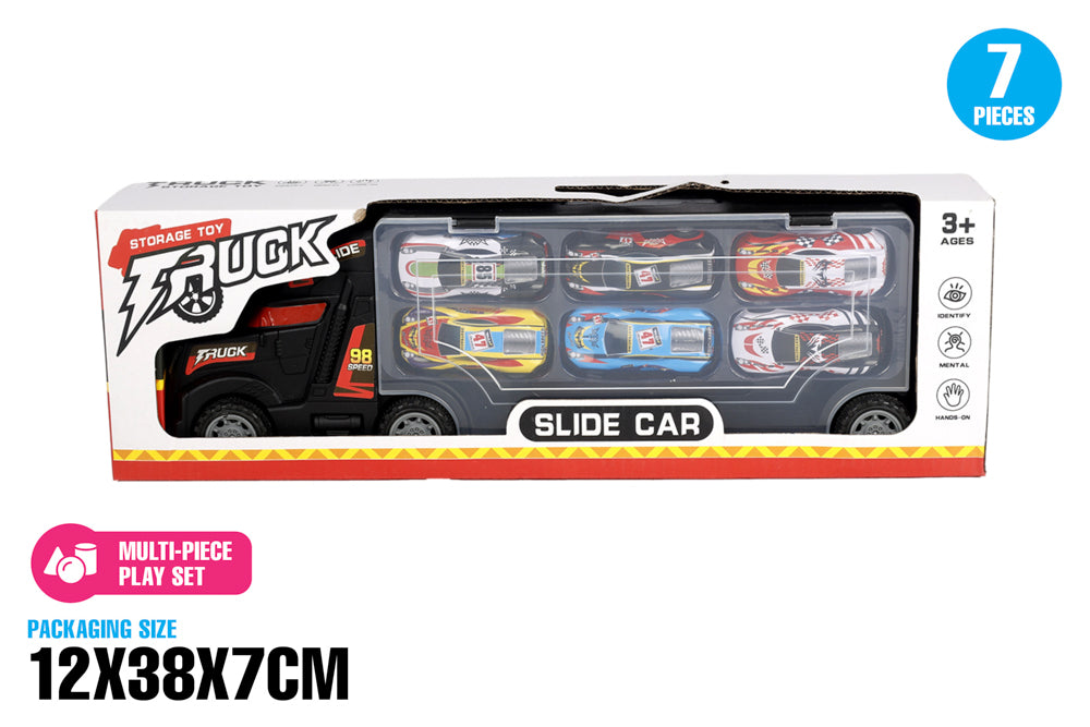 PORTABLE SLIDE CAR STORAGE TRUCK WITH 6 METAL CARS 33CM