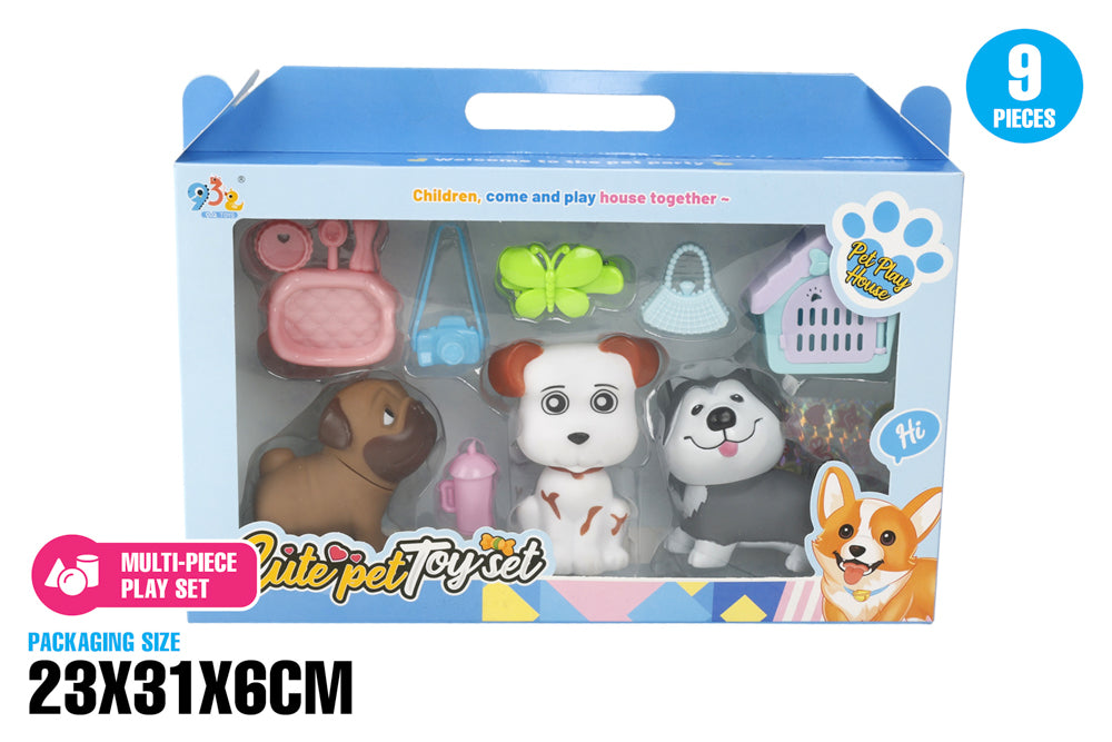 SUPER CUTE PET DOGS 3PK WITH ACCESSORIES 9PC