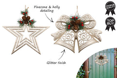 XMAS GLITTER BELL / STAR HANGING DECO 28 X 22CM